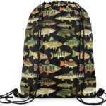Fishing Drawstring Backpack 13x15.7inch Vintage Pike Fish Waterproof Gym Drawstring Bags Fishing and Hunting Beach Swim Travel Bag Sackpack