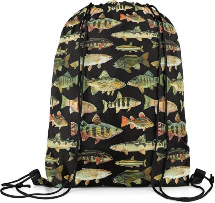 Fishing Drawstring Backpack 13x15.7inch Vintage Pike Fish Waterproof Gym Drawstring Bags Fishing and Hunting Beach Swim Travel Bag Sackpack
