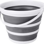 Indoor and Outdoor Collapsible Bucket with Handle, 10 Liters, 2.6 Gallons, Gray and White