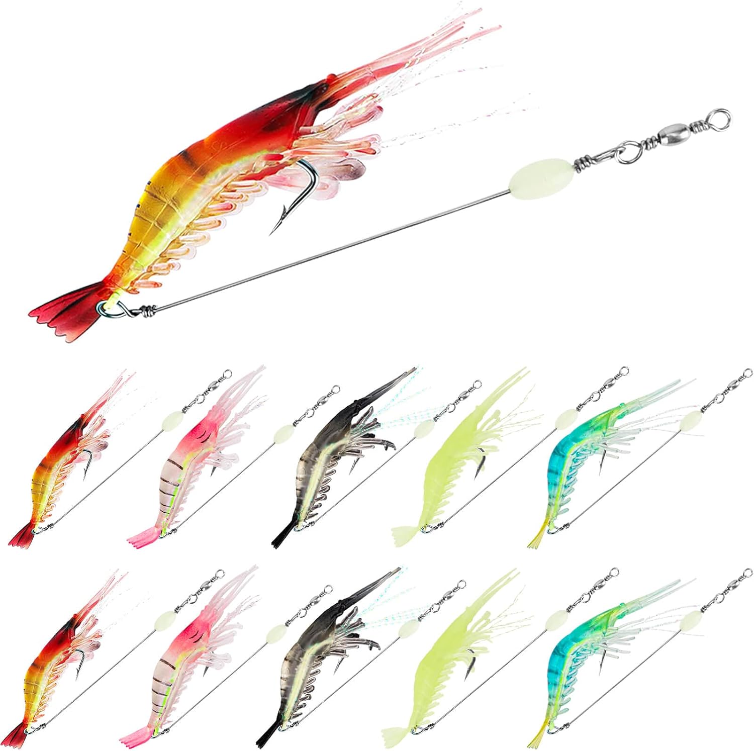 71ZJO3Tun3L._AC_SL1500_.jpg 10 Saltwater Fishing Lures Shrimp Baits Set, Premium Soft Shrimp Fishing Tackle with Luminous Sharp Hooks, for Freshwater and Saltwater - - Image 1