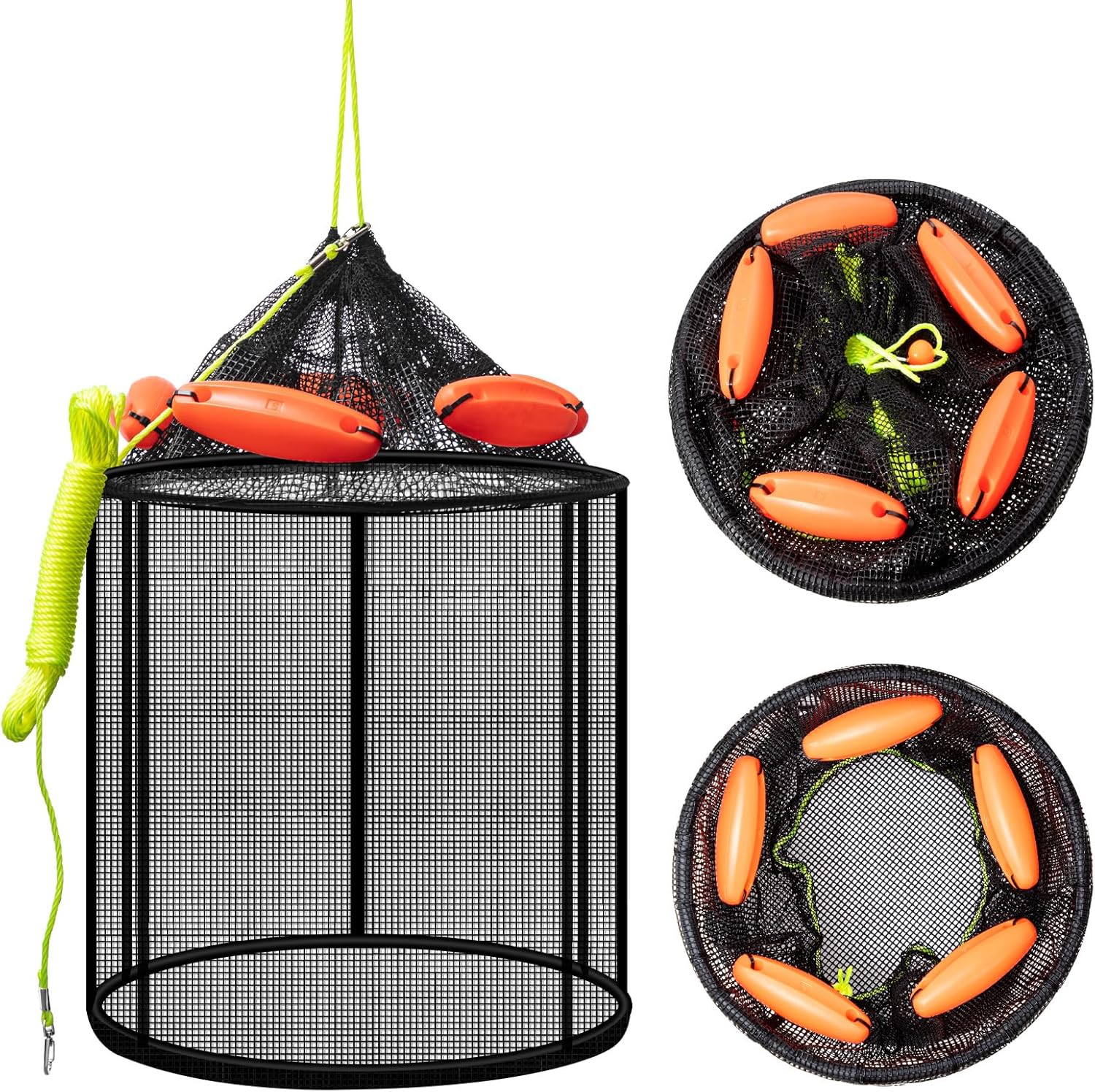 8179ILwcB7L._AC_SL1500_.jpg 2 Pcs Large Collapsible Floating Fishing Net - Foldable Floating Fish Basket Net - Portable Fish Holder - Mesh Fishing Bait Storage Cage Trap for Minnows, Shrimp - Image 1