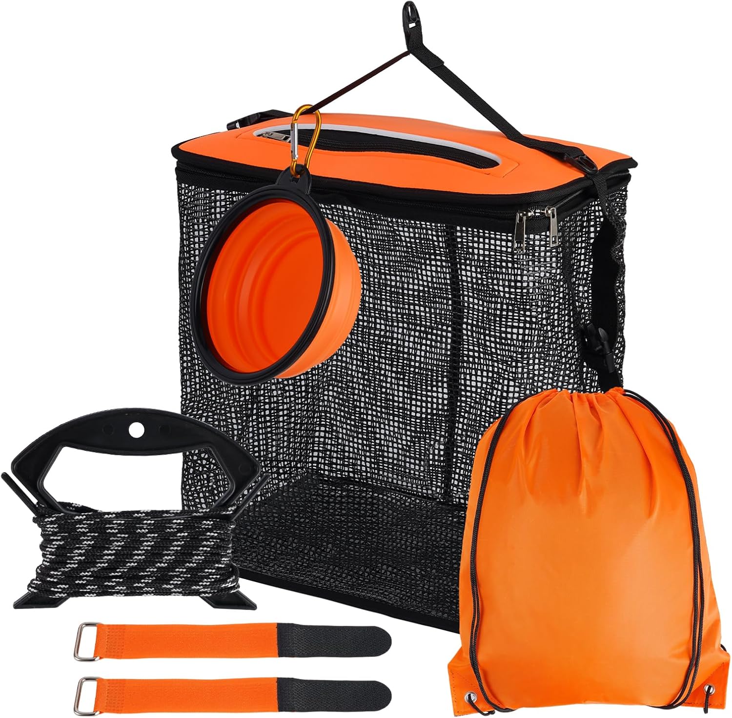 817kHnnCRjL._AC_SL1500_.jpg Floating Fishing Basket, Foldable Fish Basket for Caught Fish, Portable Collapsible Fishing Net Storage Cage with Bait Bowl, Rod Strap for Outdoor Fishing - Image 1