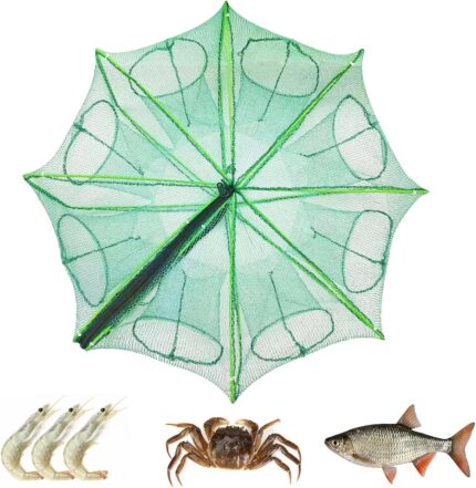 8 Holes Foldable Fishing Bait Trap 27.5" Large Portable Fishing Net Collapsible Net Cast Cage with Zipper Rope Minnow Trap for Minnows Lobster Crawfish Shrimp, Green