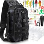 85 Pcs Fishing Backpack with Tackle Boxes, Tackle Sling Bag with Rod Holder, Fishing Lures Kit and Pliers Set for Men Women