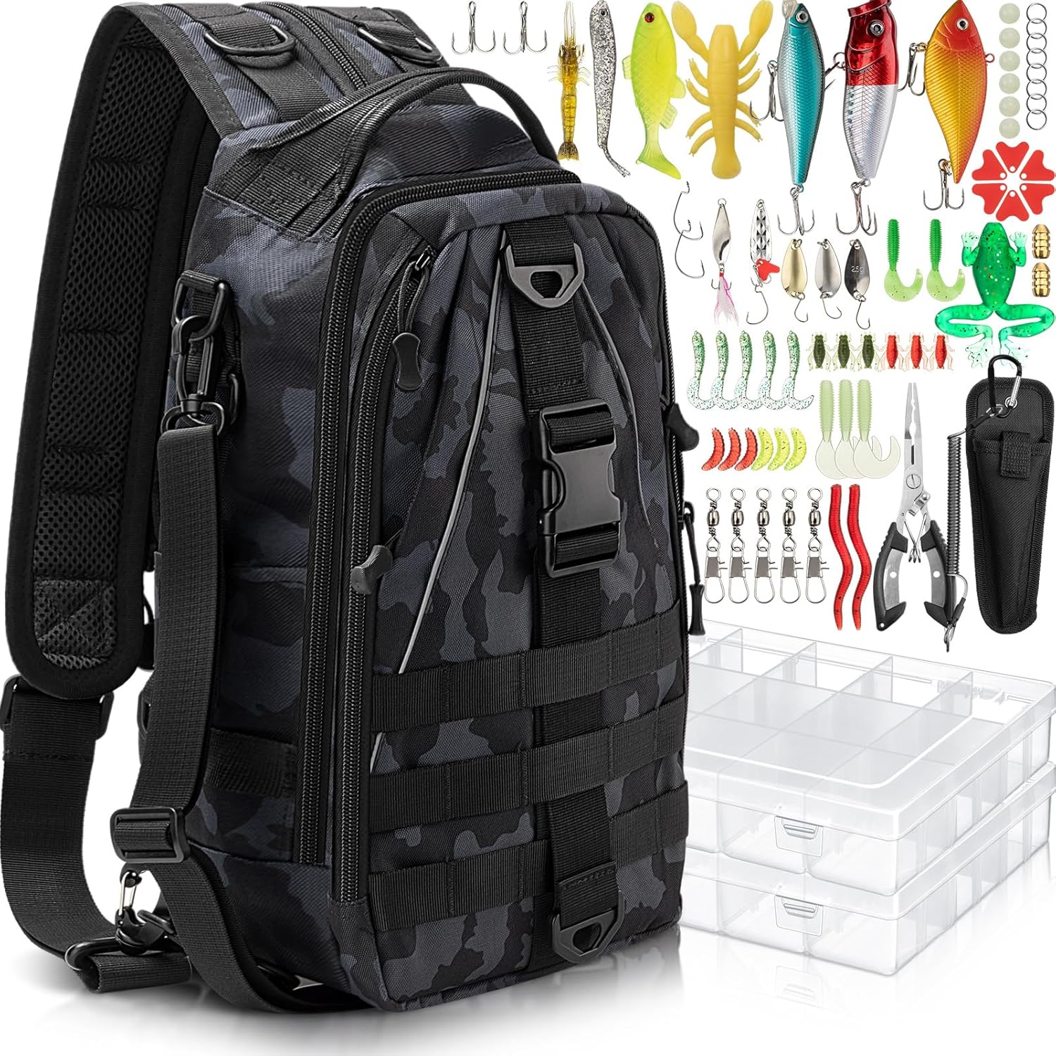 81buY3kexZL._AC_SL1500_.jpg 85 Pcs Fishing Backpack with Tackle Boxes, Tackle Sling Bag with Rod Holder, Fishing Lures Kit and Pliers Set for Men Women - Image 1