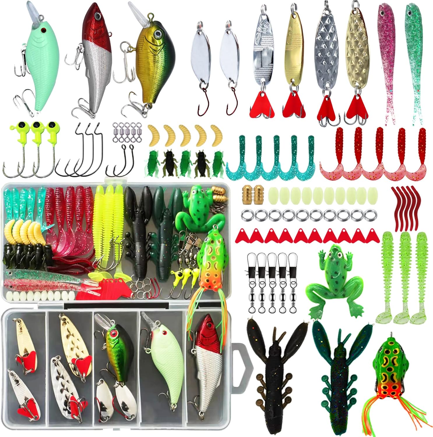 81x6h5lDiTL._AC_SL1500_.jpg Fishing Lures Kit, Spoon Lures, Soft Plastic Wo, Frog Lures, Bait Tackle Kit for Bass, Trout, Salmon for Freshwater and Saltwater - Image 1