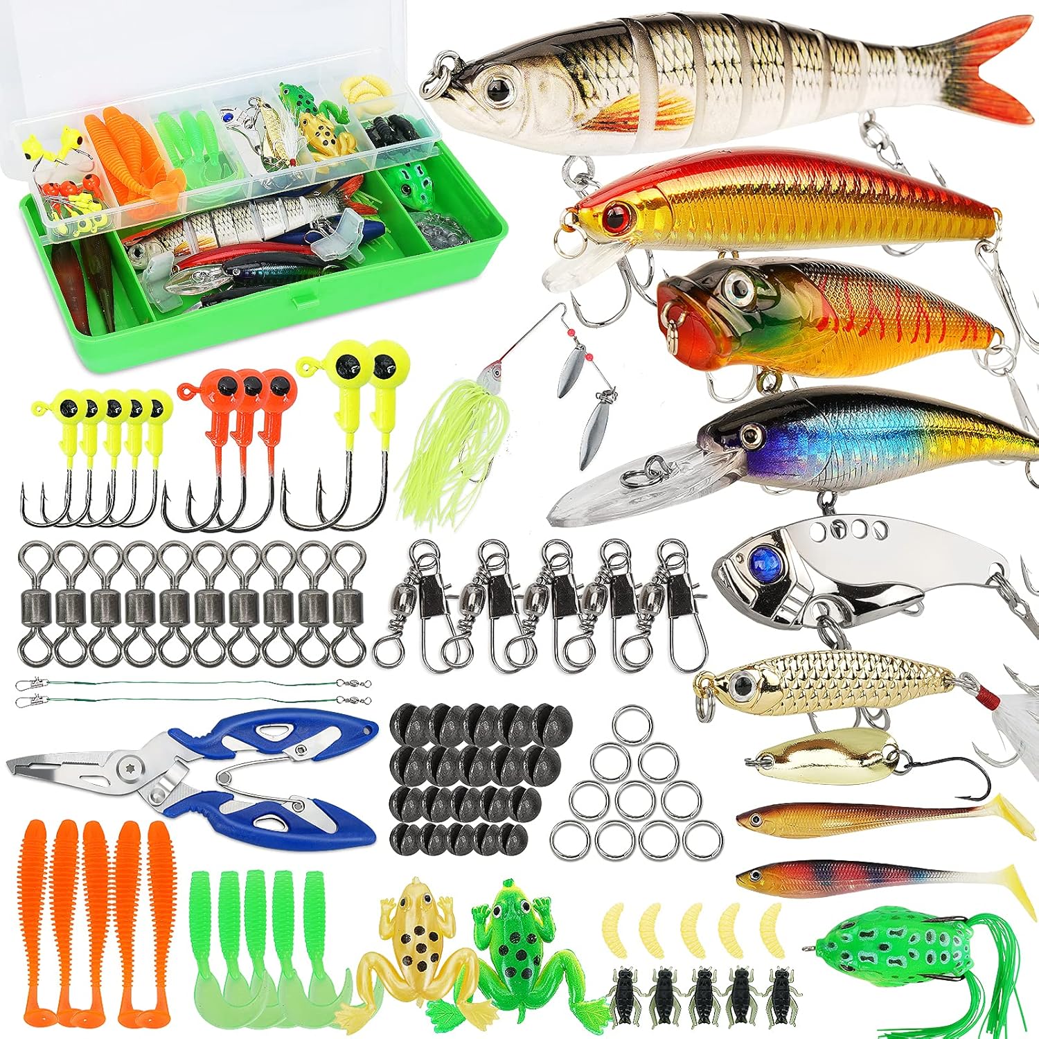 917q-RcXh7L._AC_SL1500_.jpg Fishing Lures Tackle Box Bass Fishing Kit Including Animated Lure,,Spinnerbaits,Soft Plastic Wo, Lures,Hooks,Saltwater & Freshwater Gear kit for Bass,Trout, Salmon. - Image 1