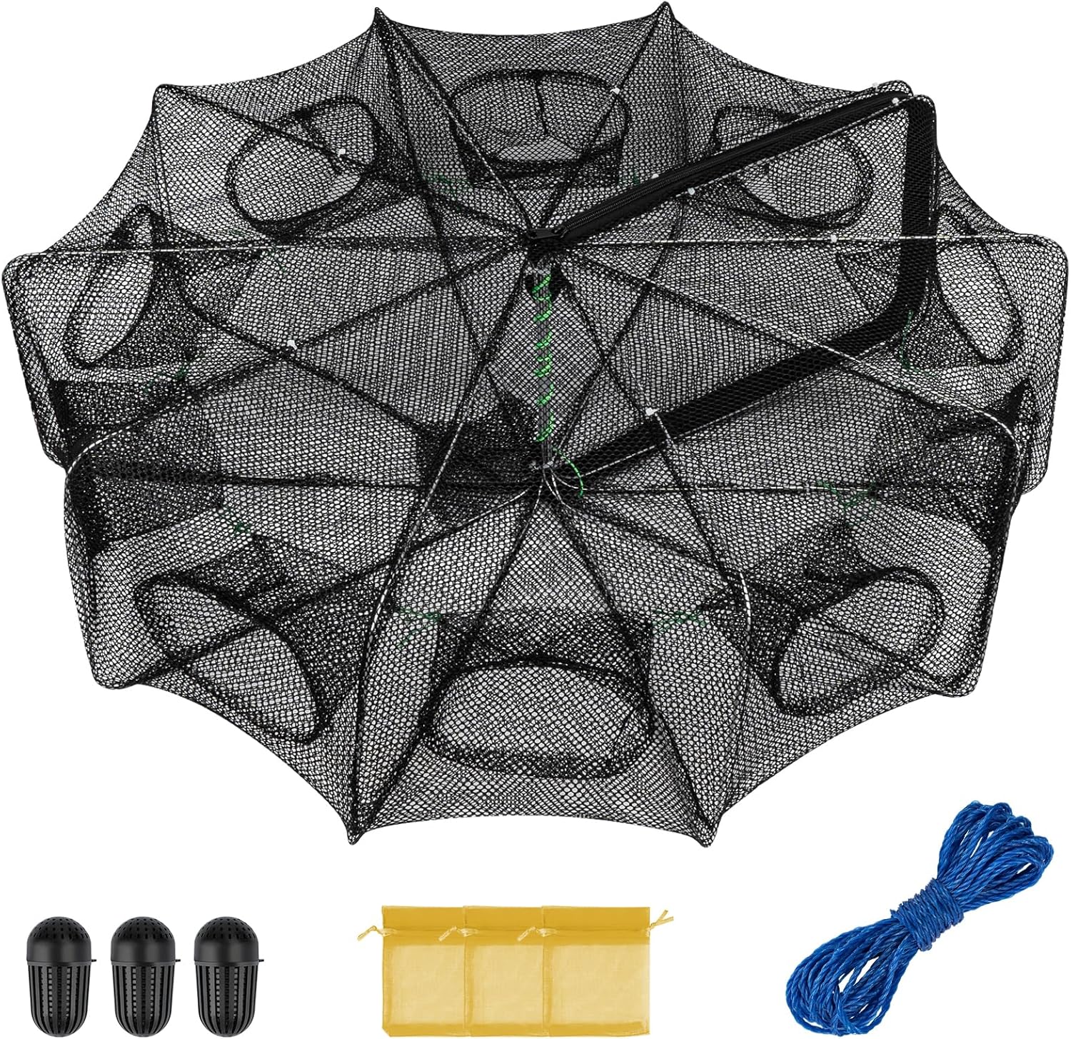 91SaX9LghkL._AC_SL1500_.jpg Fishing Bait Trap Crab Net Fishing Trap for Minnow/Crab/Shrimp/Crawdad with Rope, 6/8/10 Holes Large Space Fishing Net - Image 1