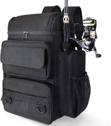 Fishing Tackle Backpack With Rod Holders, 45L Large Tackle Bag & Fishing Tackle Backpack for Fishing, Camping, Hiking,Black